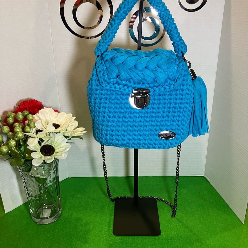 Blue Mini Bag with Tassel Accent and Metallic Closure